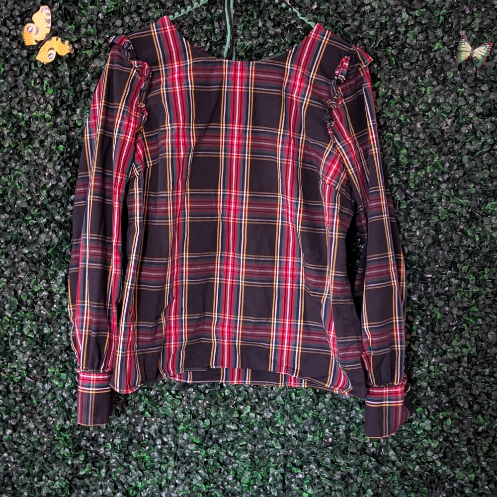J. Crew Black Multicolor Plaid Ruffle Blouse - Festive For The Holidays